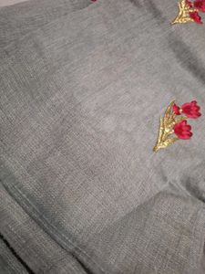 Elegant Grey Saree with Red Floral Embroidery