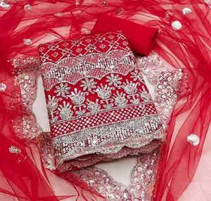 Red dress material with embroidery work