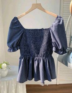 Chic Blue Plaid Puff Sleeve Top