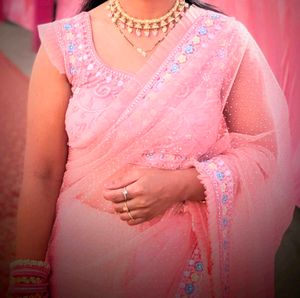 Elegant Pink Embroidered Saree+ blouse