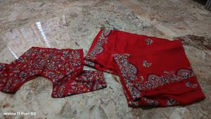 Vibrant Red Embroidered Saree with Blouse