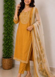 Elegant Mustard Embroidered Kurta Set