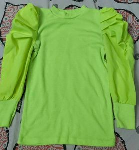 Neon Ribbed Top with Puffy Sleeves