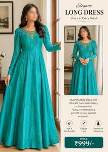 Elegant Teal Embroidered Long Dress