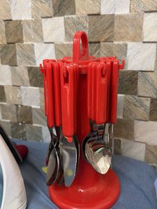 Red Utensil Holder with Utensils