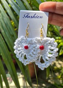White Crochet Earrings with Red Beads