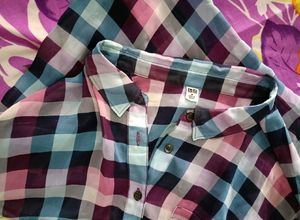 Sheer Plaid Button-Down Top
