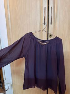 Elegant Purple Sheer Blouse with Embellishment