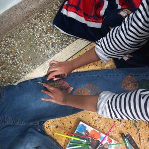 Hand-Painted Leaf Design Denim Jeans