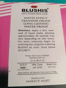 Pack Of 2 Matte Lipstick...Water Resistant