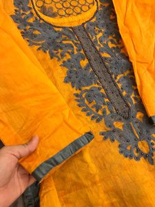 Bright Mustard Yellow Suit with Grey Embroidery