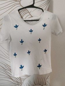 White T-Shirt with Blue Floral Print