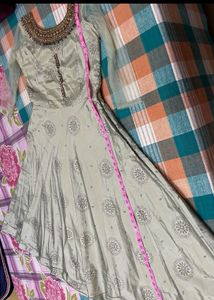 Elegant PistaGreen Anarkali with Embellished Neck