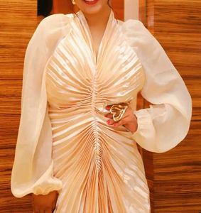 Elegant Pleated Maxi Dress with Sheer Sleeves
