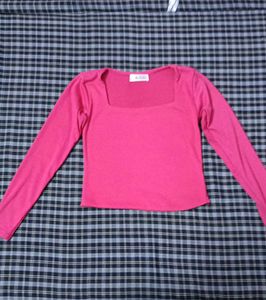Hot Pink Square Neck Long Sleeve Zara Top