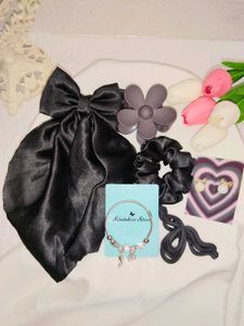 Chic Black Satin Bow &amp; Hair Clips Set