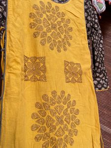 Mustard Yellow Two Layer Up And Down Kurti With Beautiful Katha Embroidery