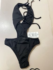 SHEIN Black Lace-Up Cutout Bikini Top