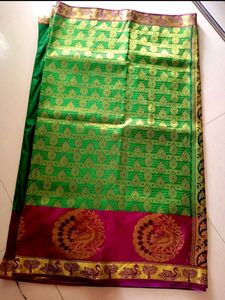 NEW Vibrant Green pattu Saree with Peacock Border
