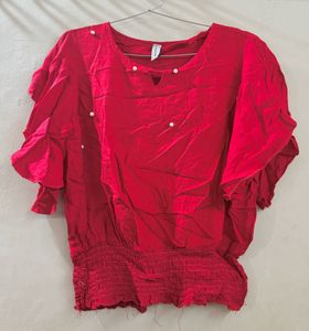 Chic Red Blouse with Pearl Details