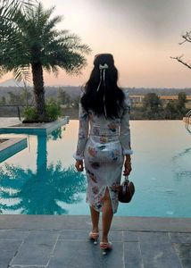 Korean Velvet Floral Bodycon Midi Dress Size M |