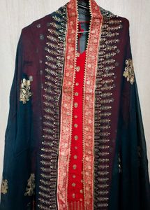 Elegant Red &amp; Teal Embroidered Salwar Kameez Set