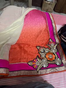 Vibrant Pink &amp; White Designer Saree with Embroider