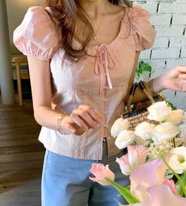 Savana Form fitting Puff Sleeve Pink tie up top