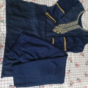 Navy Blue Kurti Set with Golden Embroidery