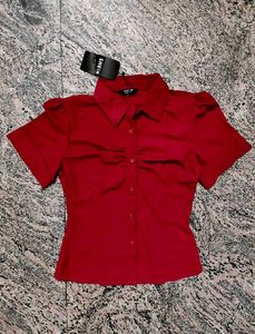 🎀Shein Red Ruched Button-Up Shirt