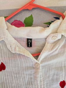 Cute White Heart Embroidery Button-Up Shirt