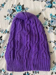 Purple Knit Beanie with Flower Embellishments