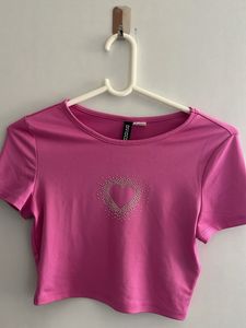 H&amp;M Pink Rhinestone Heart Crop Top