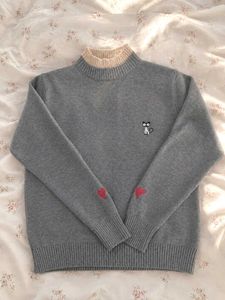 Cute Cat Embroidered Gray Sweater