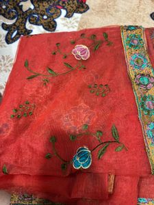 Elegant Red Floral Embroidered Saree