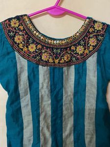 Embroidered Teal Striped Kurta