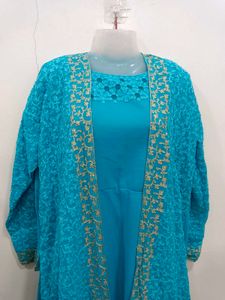 Elegant Blue Kurta Set with Lace Jacket 2pc XL