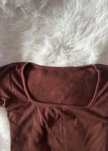 Brown Ribbed Square Neck Top