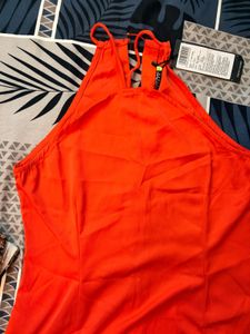 Vibrant Orange Halter Neck Midi Dress