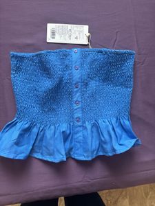 Blue Smocked Button-Front Tube Top