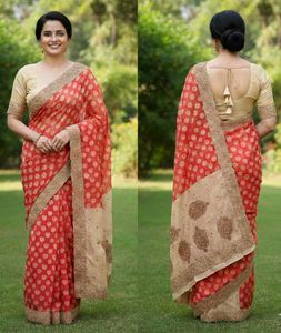 Elegant Ethnic Gold Red Saree with Intricate Det
