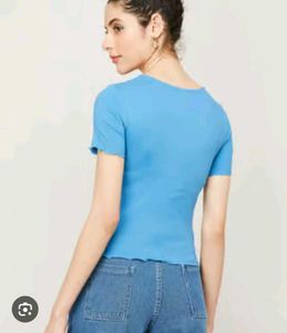 Blue Ribbed Lettuce Hem Top