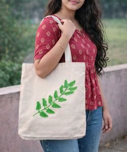 Minimal Leaf Embroidered Canvas Tote Bag