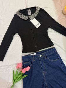 Black Button-Up Top with Collar Detail