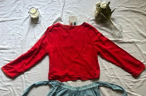 Red Embellished Crop Top &amp; Teal Palazzos
