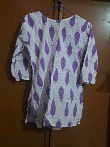 White Kurta with Purple Leaf Print