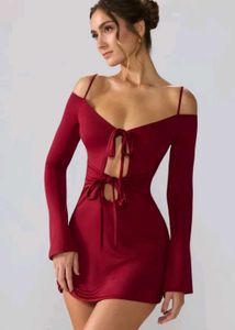 Women's Maroon Long Sleeve Tie-Front Mini Dress