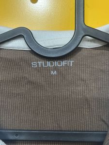 Brown Ribbed Crop Top with Collar