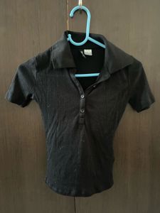 Black Ribbed Polo Top
