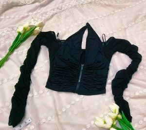Chic Black Ruched Halter Top